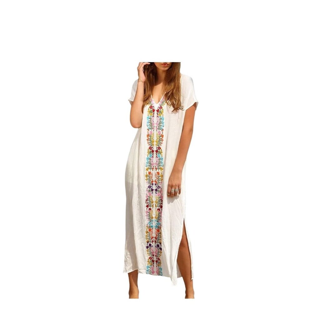 Embroidered Floral Swim Cover White Size XS